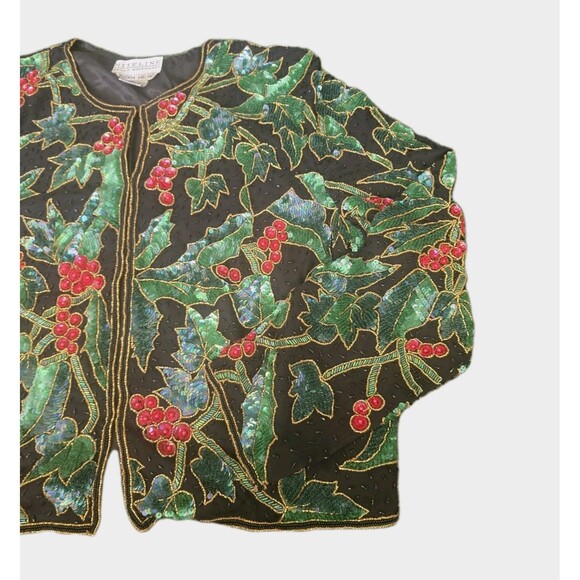 NiteLine By Della Roufogali Floral Silk Sequin  Jacket Size L Christmas New Year - Picture 2 of 10
